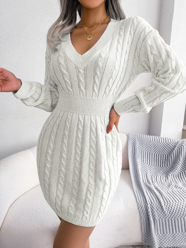 Casual Waist Cable Sweater Dress Solid V-neck Long Sleeve Fall Winter Bodycon Knit Dresses Women's Clothing