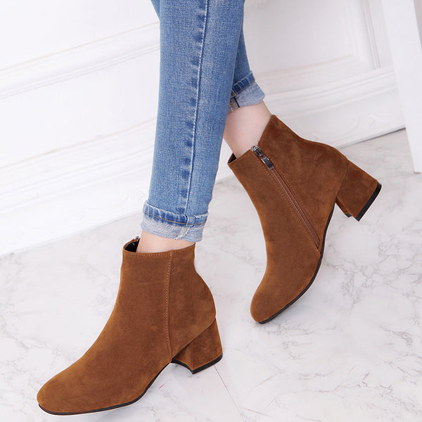 Women's Solid Color Block Heeled Ankle Boots, Side Zipper Short Boots, Women's Footwear