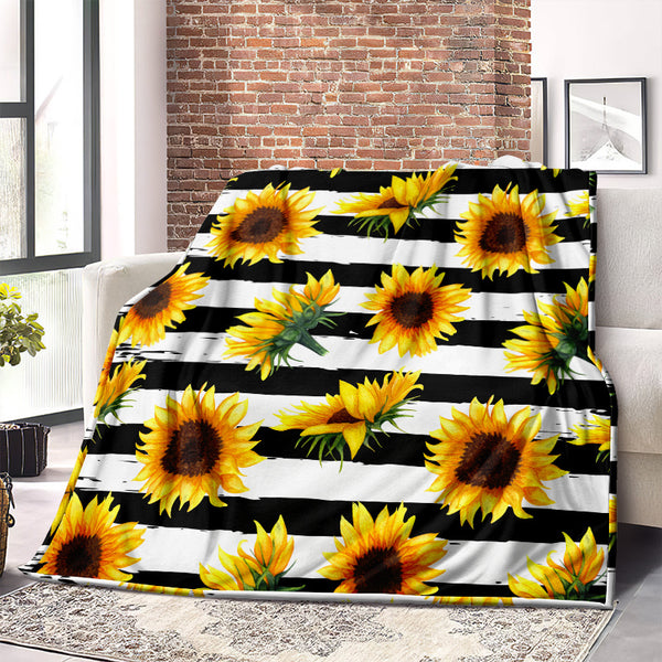 1pc Sunflowers Blanket, Flower Black And White Striped Throw Blanket