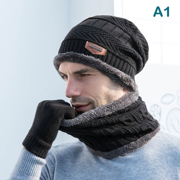 Solid Color Knitted Hat With Scarf For Winter