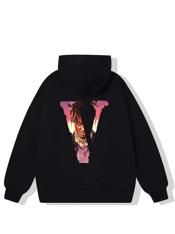 "V" Print Hoodie, Fleece Pullover Drawstring Kangaroo Pocket Active Hooded Sweatshirt, Unisex Sweatshirts