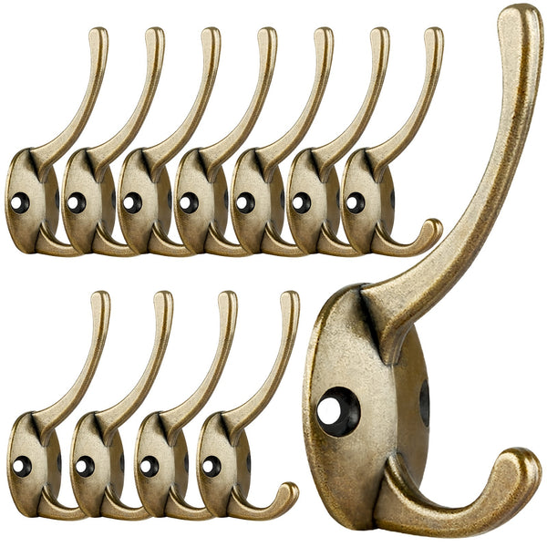 1/6/12pcs Antique Brass Coat Hooks, Wall Mounted With Screws, Retro Double Hooks Utility Antique Brass Hooks For Coat, Scarf, Bag, Towel, Key, Cap, Cup, Hat