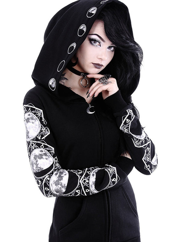 Black & White Moon Phase Hoodie, Large Hooded Zip Up Front Pocket Sweater, Gothic Casual Tops, Women's Clothing