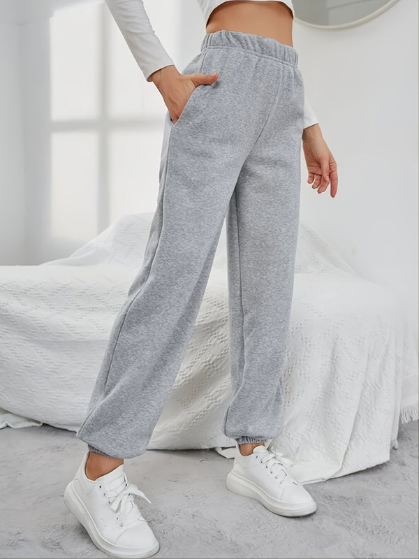 Casual Teddy Loose Long Sweatpants, Solid Fleece Slant Pocket Fashion Long Sweatpants, Women's Clothing