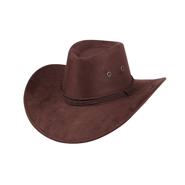 1pc Men's Suede Western Cowboy Hat Outdoor Camping Travel Broadbrim Summer Mountaineering Sunshade Hat With Lace