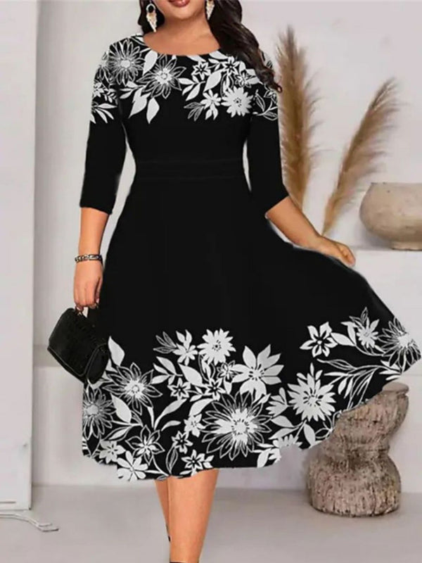 Women's Dresses Casual Floral Printed Crewneck Midi Dresses