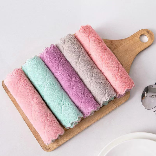 5pcs, 25*25cm/9.8*9.8inch Cleaning Towel, Dish Washing Towel, Dishcloth, Kitchen Supplies, Coral Velvet Towel, Dish Washing, Table Cleaning, Household Towel, Both Dry And Wet, Random Color