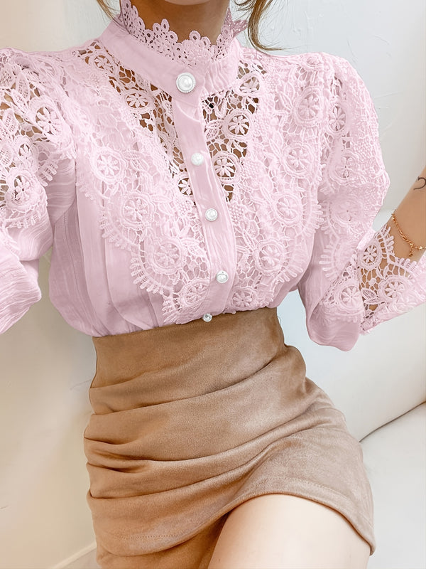 Women's Blouse Lace Puff Sleeve Lantern Sleeve Solid Pleated Women Blouse