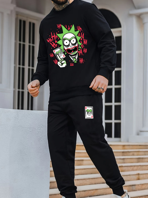 Men's Punk Cartoon Graphic Pullover Sweatshirt & Sweatpants For Big And Tall Guys, Plus Size