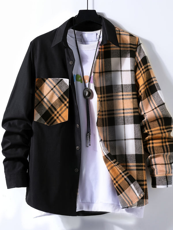 Men's Fashion Contrast Color Plaid Panel Long Sleeve Shirt