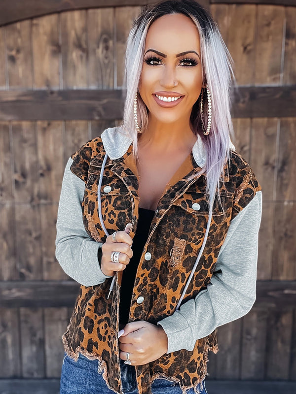 Leopard Print Patchwork Hooded Denim Jacket, Ripped Raw Hem Denim Jacket