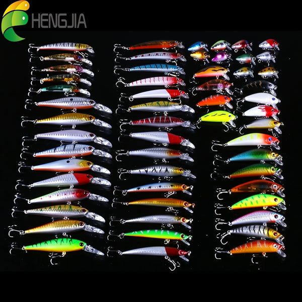 56pcs Topwater Fishing Bass Lures Kit Tackle Crank Swimming Minnow Baits