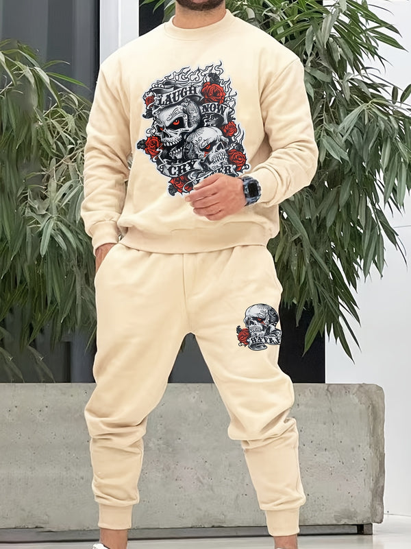 Men's Skull Floral Graphic Pullover Sweatshirt & Sweatpants For Big And Tall Guys, Plus Size