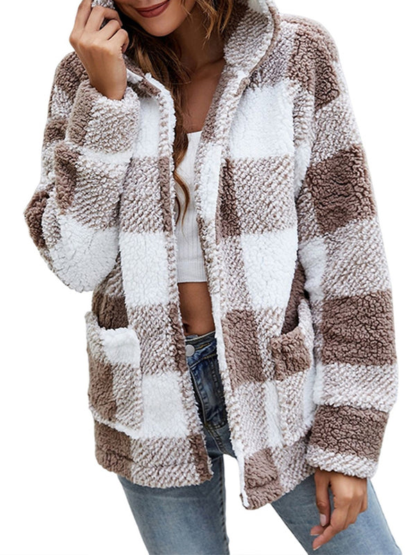 Gingham Hooded Teddy Jacket Checkered Plaid Open Front Hoodie Jacket Comfortable & Casual Women's Clothing