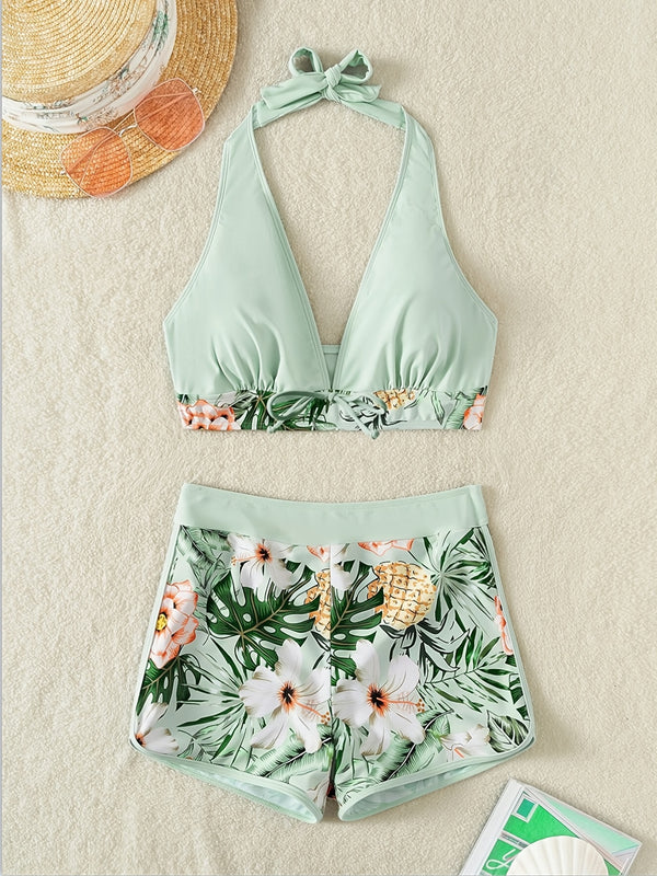 Floral Print Deep V Shape Halter Bikini Boxer Swimsuit