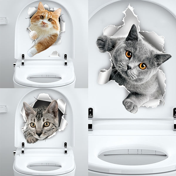 1pc Cartoon 3D Cat Toilet Sticker, Toilet Bathroom Waterproof Self-adhesive Sticker, Wall Decal Decor