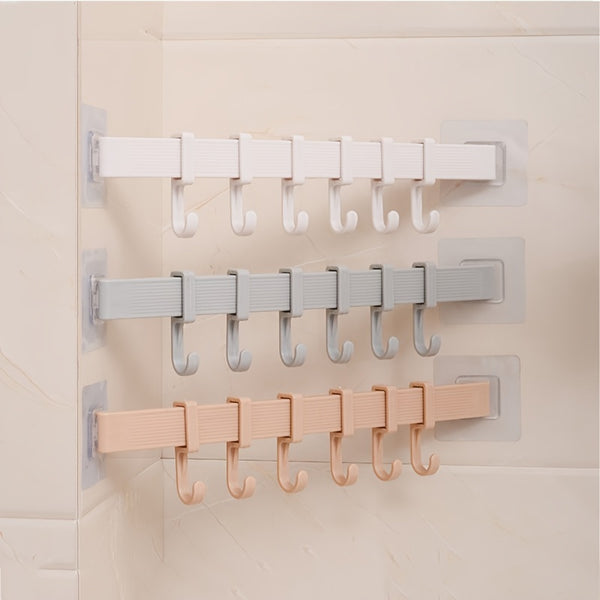 1 Set Adjustable Kitchen Storage Rack With 6 Wall Hooks, Bathroom Door Holder Hanger Towel Holder Key Hooks Kitchen Organizer Rack