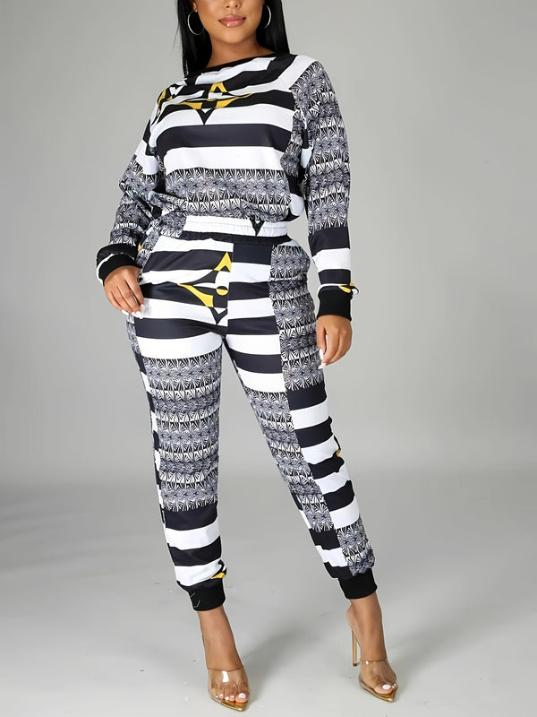 Women's Long Sleeve Loose Casual Tops & High Waist Casual Striped Pantsuits, Women's Clothing