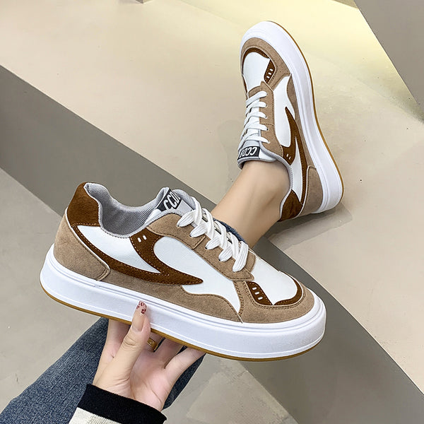 White & Khaki Low Top Sneakers, Casual Platform Skate Shoes For Every Day, Women's Footwear