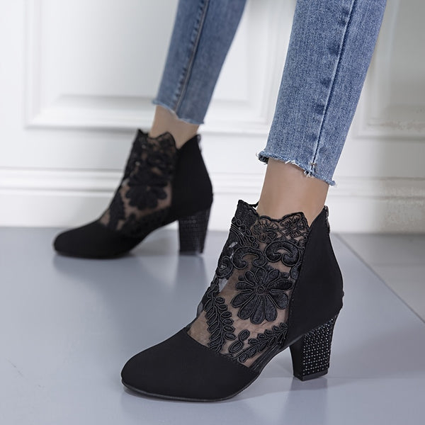 Flower Embroidery Lace Chunky Heeled Zip Back Ankle Boots, Women's High Heel Pumps