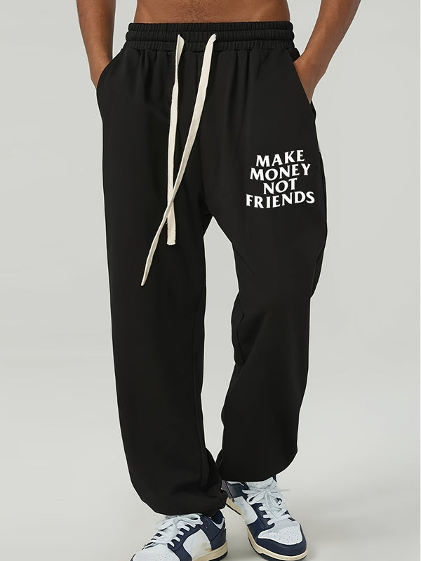 Men's Plus Size "Make Money Not Friends" Athletic Jogger Drawstring Sweatpants For Big And Tall Guys