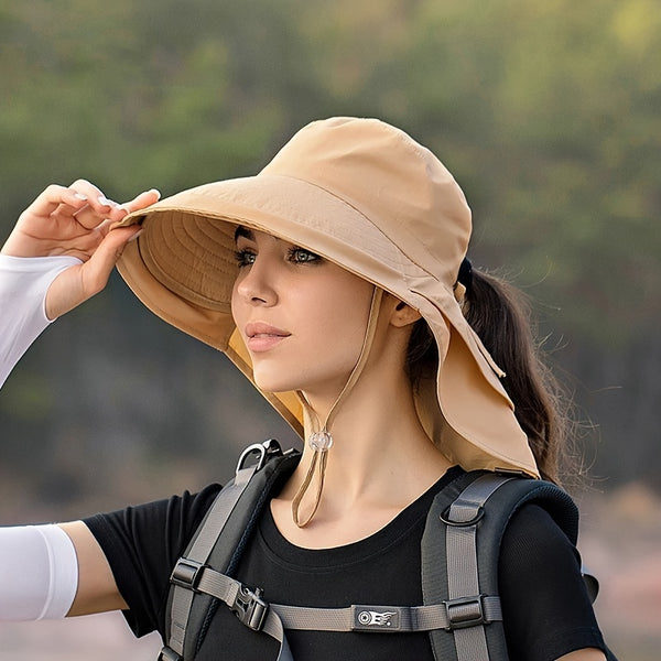 Wide Brim Shawl Ponytail Bucket Hat For Women, Outdoor Fishing Hiking UV Protection Bonnet