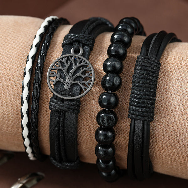 4pcs/Set Braided Wrap Leather Bracelets For Men - Vintage, Life Tree, Rudder Charm, Wood Beads Wrist Black Brown