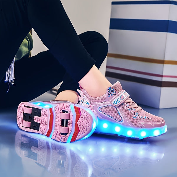 Girls Roller Skates, Rechargeable LED Flash Skateboard Shoes With Lights, 4 Wheels Skates, Outdoor Sports Equipment