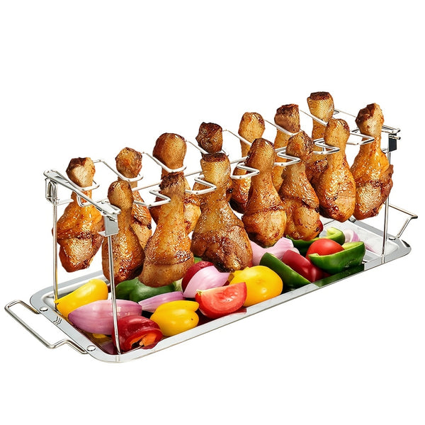 1pc Chicken Leg Wing Grill Rack With 14 Slots, Stainless Steel Roaster Stand With Drip Pan, BBQ Chicken Drumsticks Rack For Smoker Grill Or Oven, Kitchen Cooking Supplies