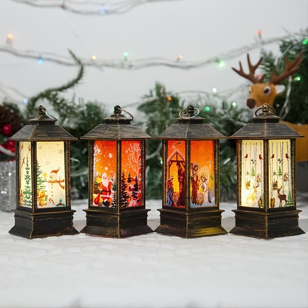 1pc Electric Christmas Lantern, Hanging Antique Style Oil Lamp With Backlit Holiday Art, Santa Claus Frosty The Snowman Reindeer, Batteries Not Included, Home Decor & Decorations