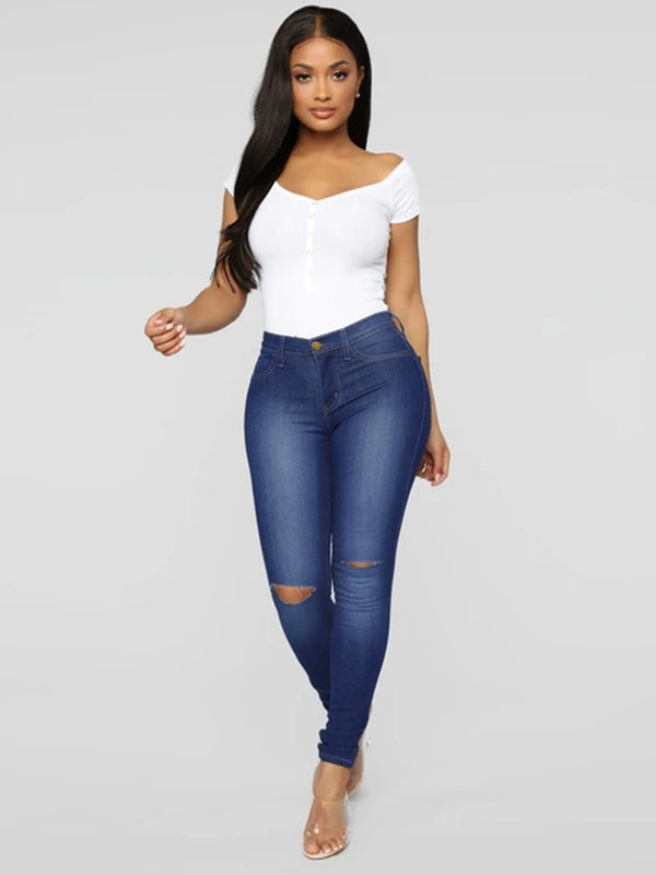 Stretchy High-Rise Pencil Jeans, Knee-Cut Ankle Length Skinny Jeans, Women's Clothing & Denim