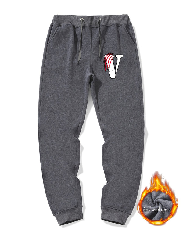 Men's "V" Print Fleece Warm Sweatpants With Pocket, Drawstring Waist Casual Pants For Big And Tall Guys, Plus Size