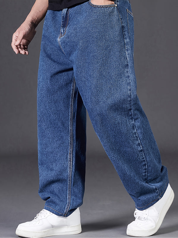 Plus Size Men's Loose Straight Jeans, Wide Leg Jeans For Big And Tall Guys