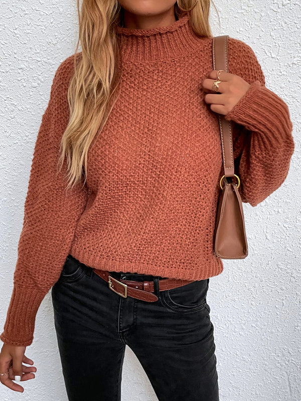 Semi Crop Turtleneck Sweater, High Neck Long Sleeve Knit Sweatshirt, Casual Tops For Fall & Winter, Women's Clothing