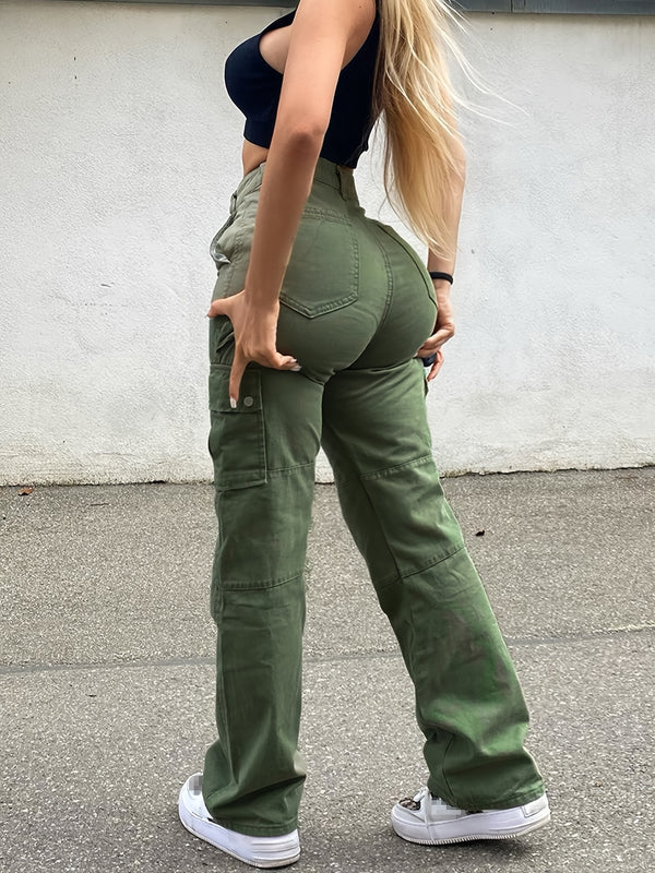 Loose Straight Cargo Pants, Casual Y2K Pocket High Waist Solid Fashion Comfy Slim Pants, Women's Clothing