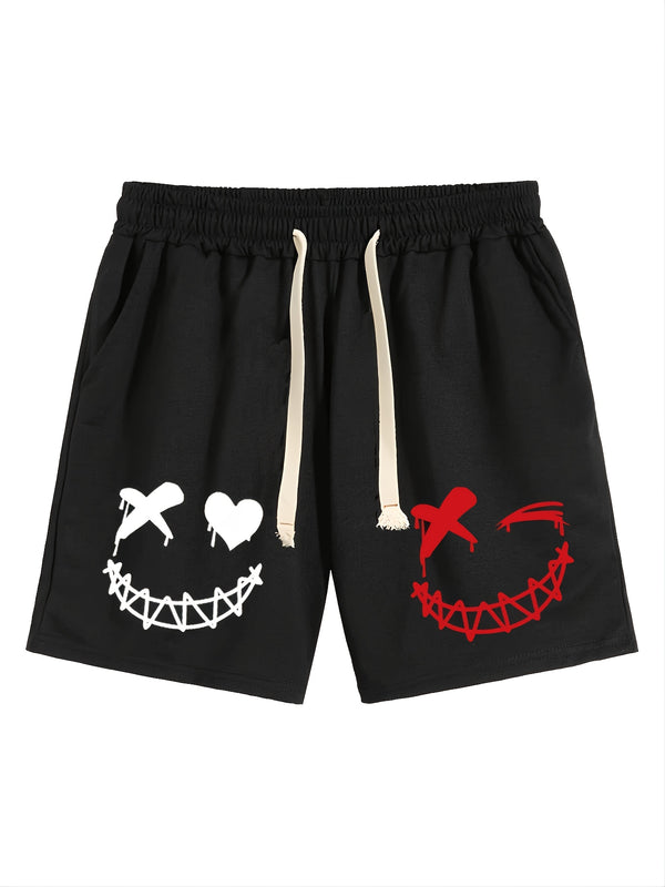 New Men's Street Style Simple Trendy Casual Solid Black Sports Drawstrings Shorts With White&Red Evil Face Print