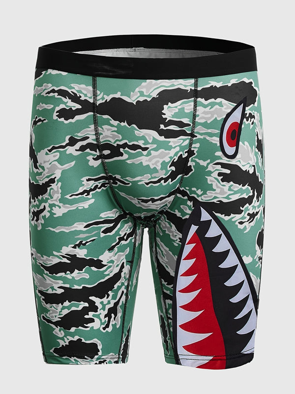 Men's Shark Novelty Print Compression Shorts, Winter Long Legs Boxer Briefs Underwear