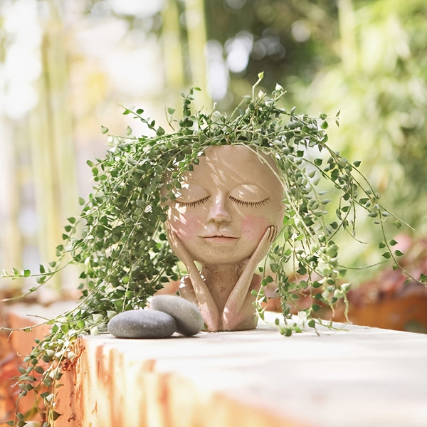 1pc Resin Planter, Closed Eyes Figure Doll Flower Pot, Gardening Ornaments, Home Decor