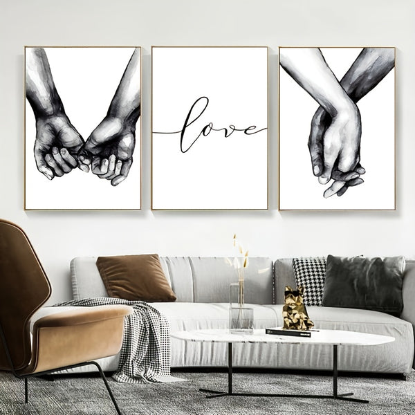 3pcs Frameless Black White Romantic Hand In Hand Canvas Paintings, Love Quotes Wall Art Poster, Printed Picture, Couples, Lovers, Room Decors, No Frame