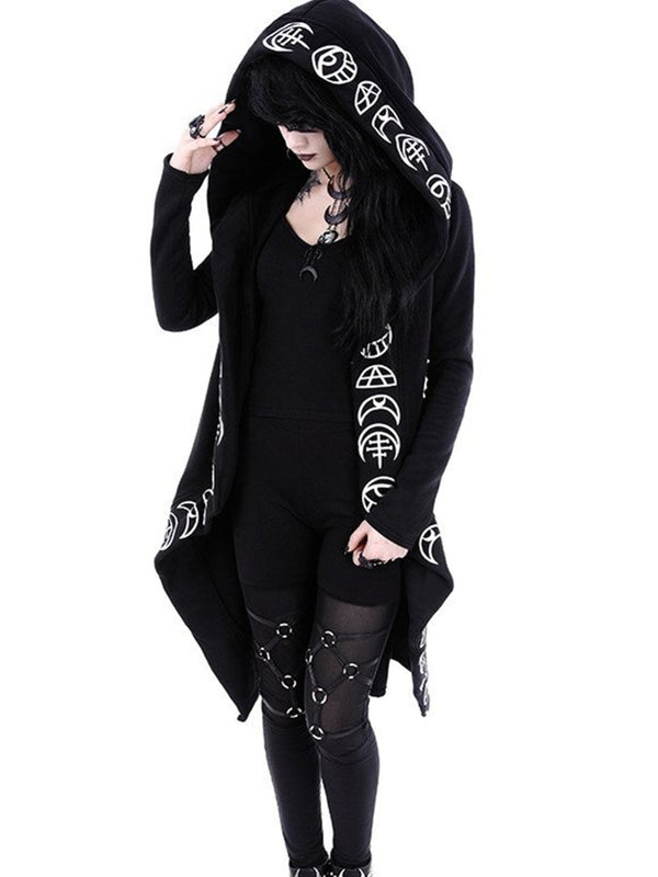 Women's Hooded Cardigan With Witchcraft Pattern, Gothic Style, Long Sleeves With Hood