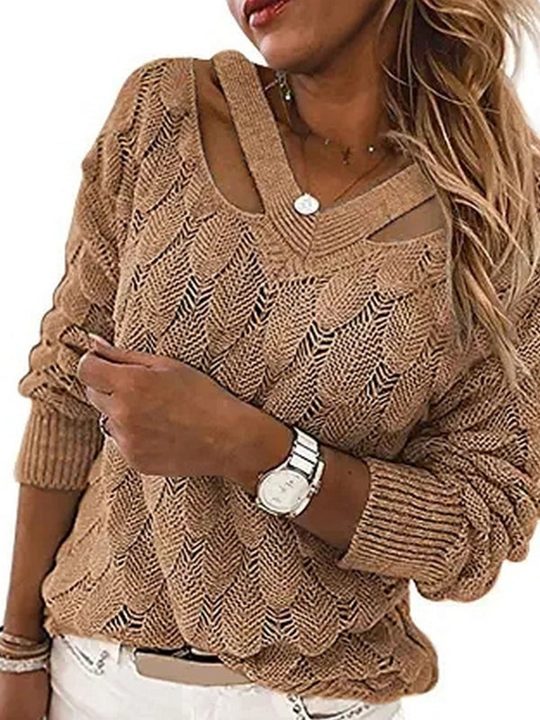 Women's Sweater V-Neck Hollow Out Knit Long Sleeve Loose Sweater