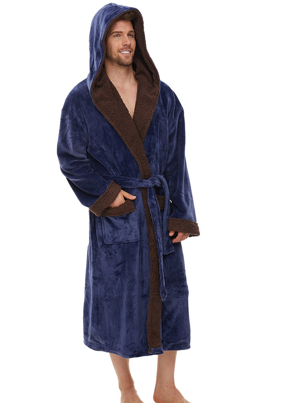 Men's Navy Blue Fleece Autumn/Winter Hooded Bathrobe