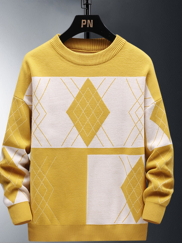 Men's Plus Size Geometrics Pattern Color Block Anti-pilling Antistatic Crew Neck Pullover Sweater, Comfortable Oversized Long Sleeve Clothing For Spring Autumn Winter, For Big And Tall Guys