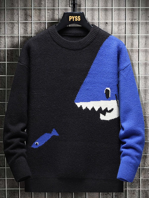 Men's Plus Size Shark Pattern Anti-pilling Antistatic Crew Neck Pullover Sweater, Long Sleeve Clothing For Spring Autumn Winter, For Big And Tall Guys