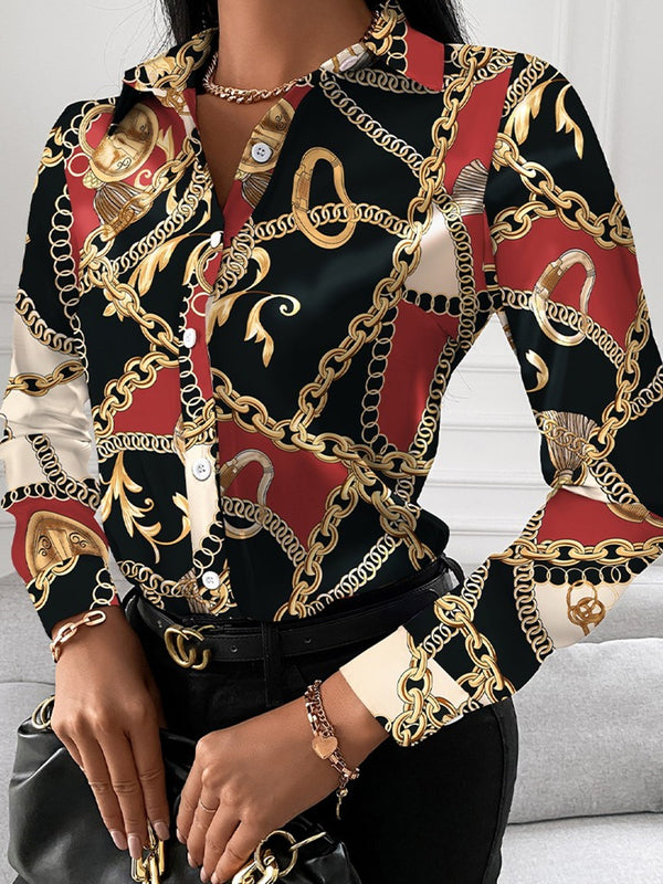 Women's Blouse V-neck Print Button Long Sleeve Loose Fall Blouse