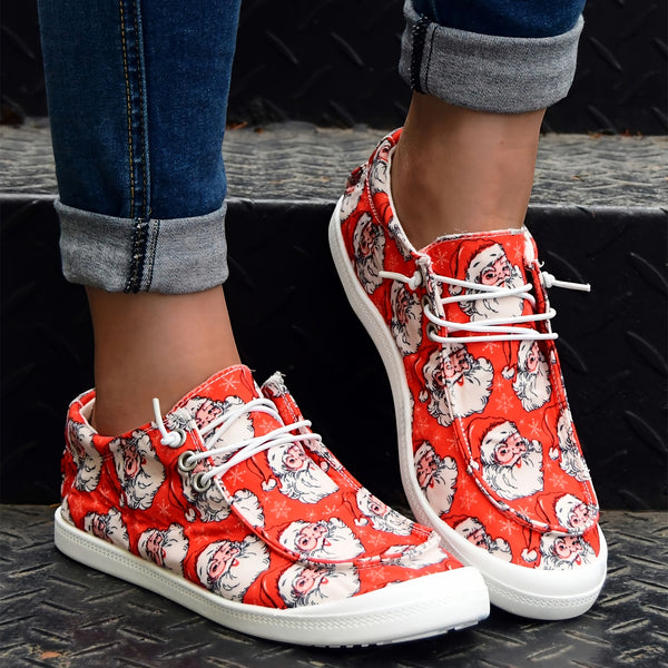 Women's Christmas Print Fashion Sneaker, Lightweight Lace Up Canvas Shoes, Women's Footwear