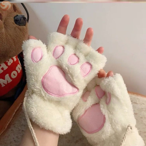 Cute Cat Paw Fluffy Claw Fingerless Gloves Warm Soft Plush Fingerless Panda Glove Half Finger Women Winter Wear Christmas Gifts