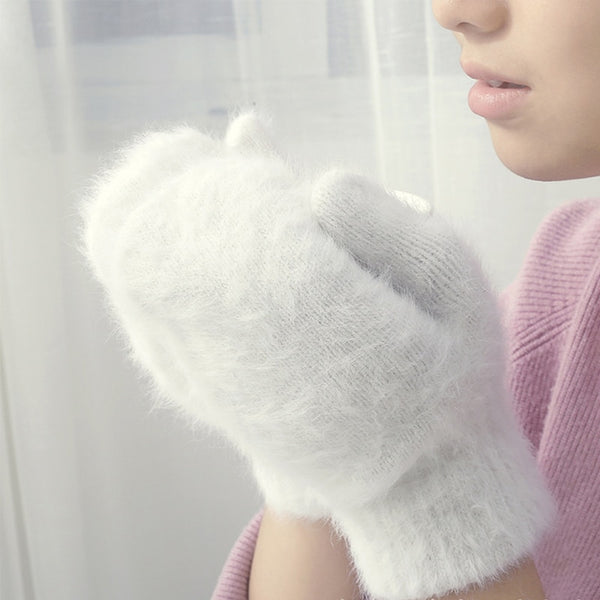 Female Elastic Full Fingers Gloves Cute Rabbit Wool Gloves Women Winter Mittens Fashion Solid Color Mittens Thicken Warm Gloves