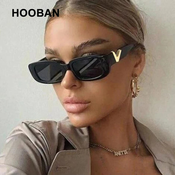 HOOBAN 2022 Fashion Cat Eye Sunglasses Luxury V Sun Glasses For Ladies Classic Rectangle Driving Eyewear UV400