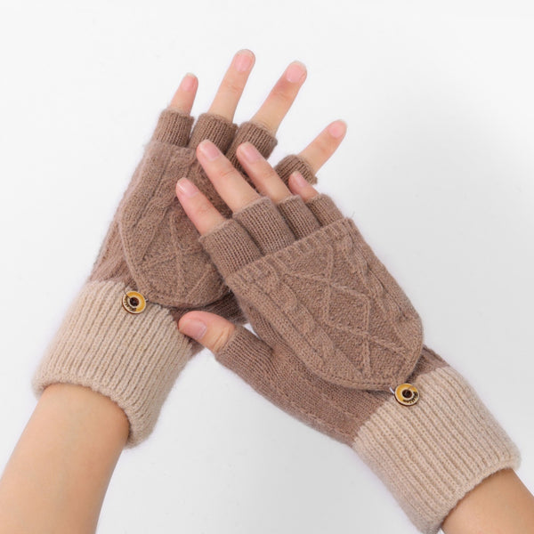 Warm Knit Half Fingerless Gloves With Mitten Flap Classic Style